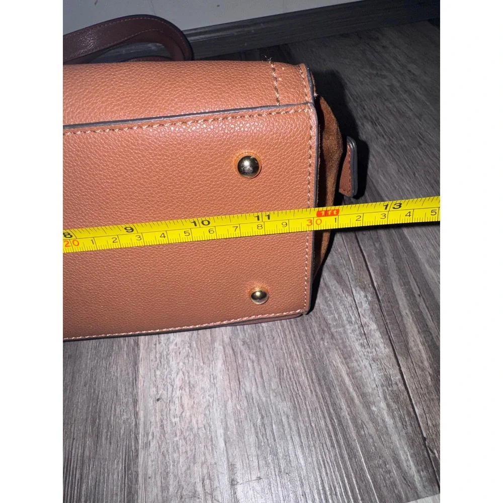 Nine West Cognac Brown Faux Leather Suede Trim Satchel Crossbody Handbag